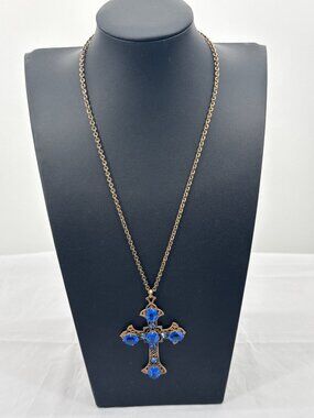 Vintage Gothic Sapphire Blue Cross Necklace Whimsigoth Coquette Grunge Grunge